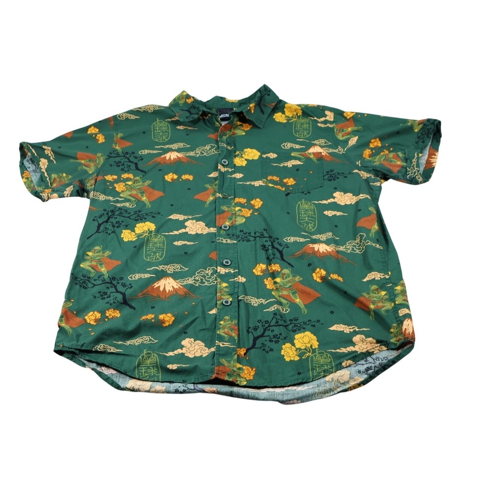 Star Wars Shirt Mens L Green Rayon Button Up Graphic Print Short Sleeve